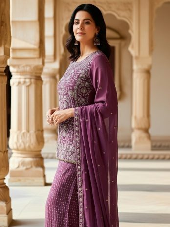 Plum Purple Embroidered Sharara Suit with Dupatta