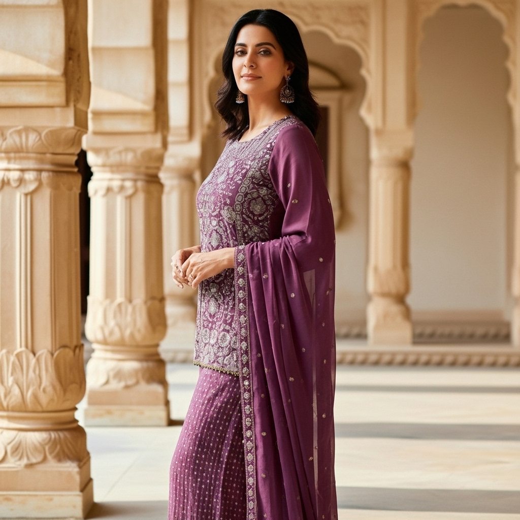Plum Purple Embroidered Sharara Suit with Dupatta - Image 2
