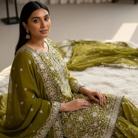 Mustard Yellow Silk Embroidered Gharara Suit - Image 3
