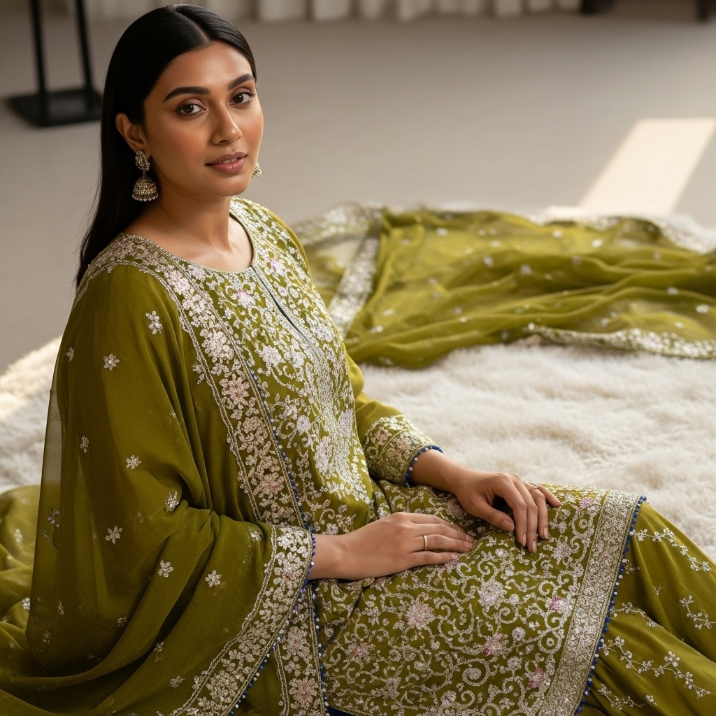 Mustard Yellow Silk Embroidered Gharara Suit - Image 3