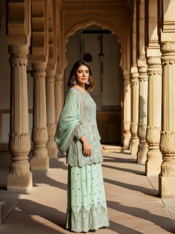 Mint Green Net Embroidered Sharara Suit