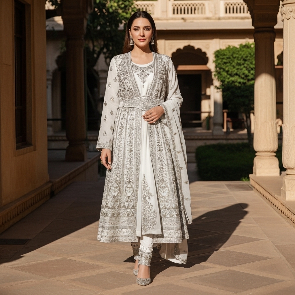 White Silk Embroidered Gown