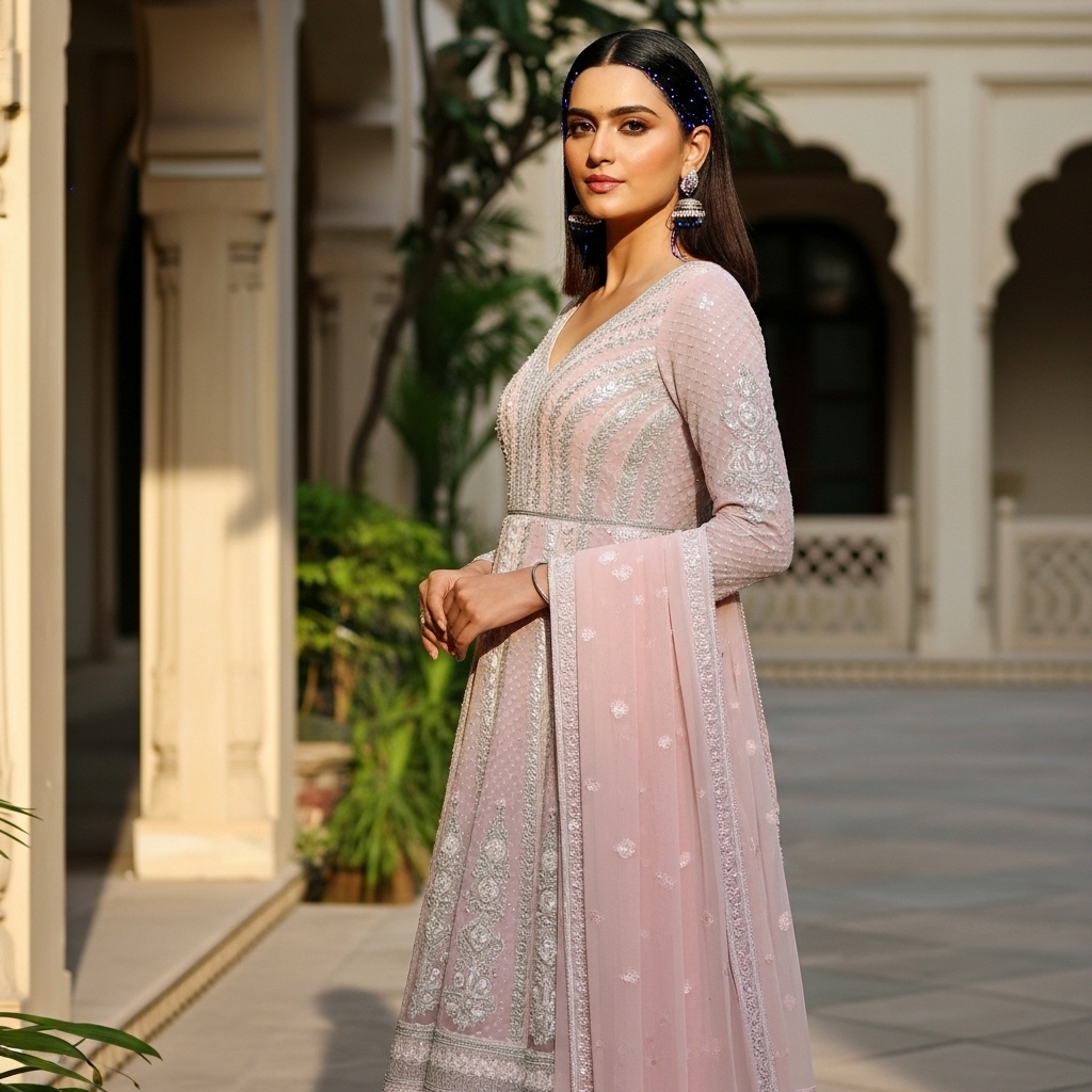 Blush Pink Net Embroidered Anarkali Suit - Image 3
