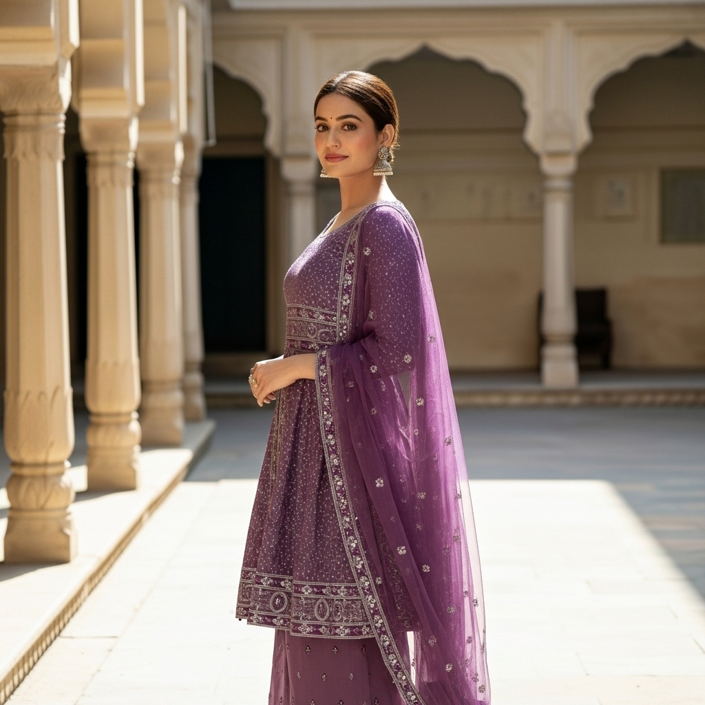 Lavender Georgette Embroidered Sharara Suit - Image 4