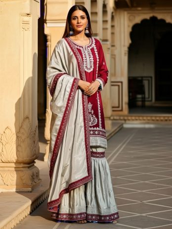Maroon and Silver Embroidered Gharara Suit