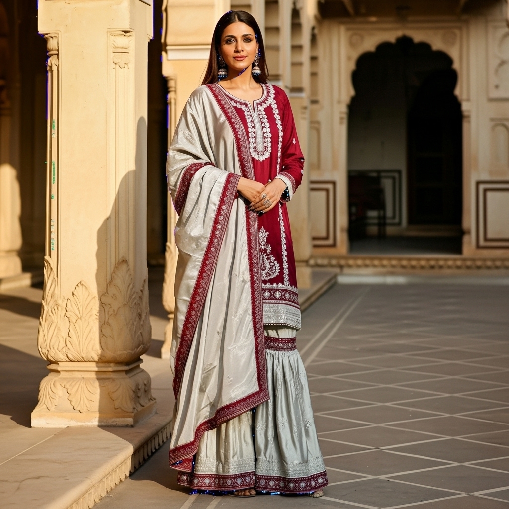 Maroon and Silver Embroidered Gharara Suit - Image 2