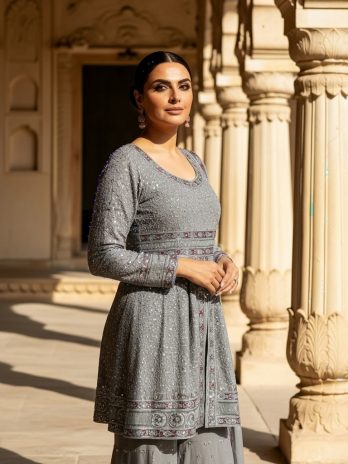 Silver Grey Embroidered Sharara Suit