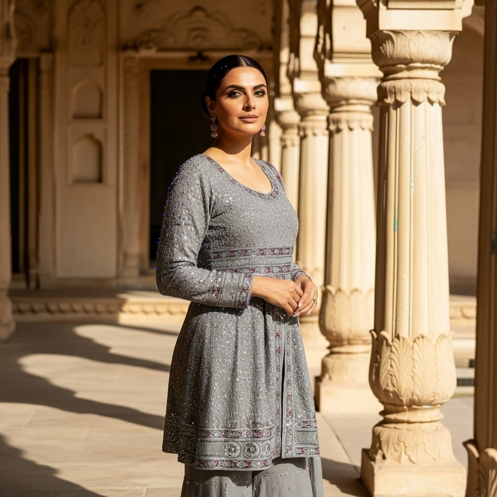 Silver Grey Embroidered Sharara Suit - Image 2