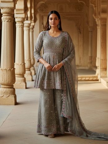 Silver Grey Embroidered Sharara Suit