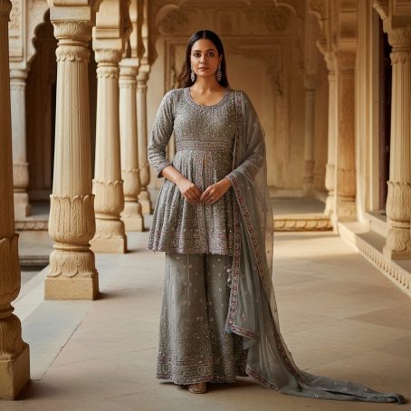 Silver Grey Embroidered Sharara Suit