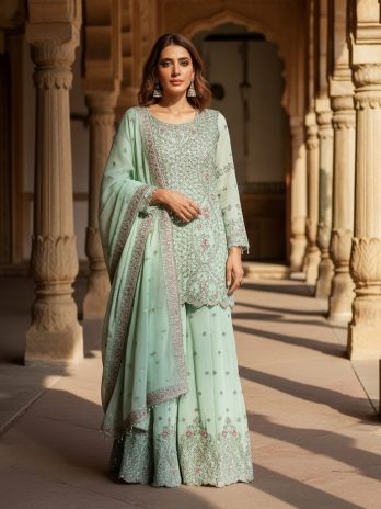 Mint Green Net Embroidered Sharara Suit