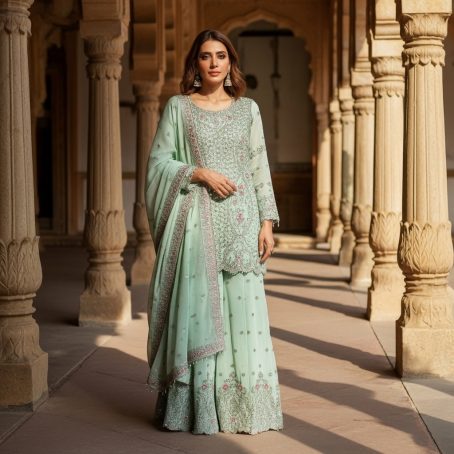 Mint Green Net Embroidered Sharara Suit