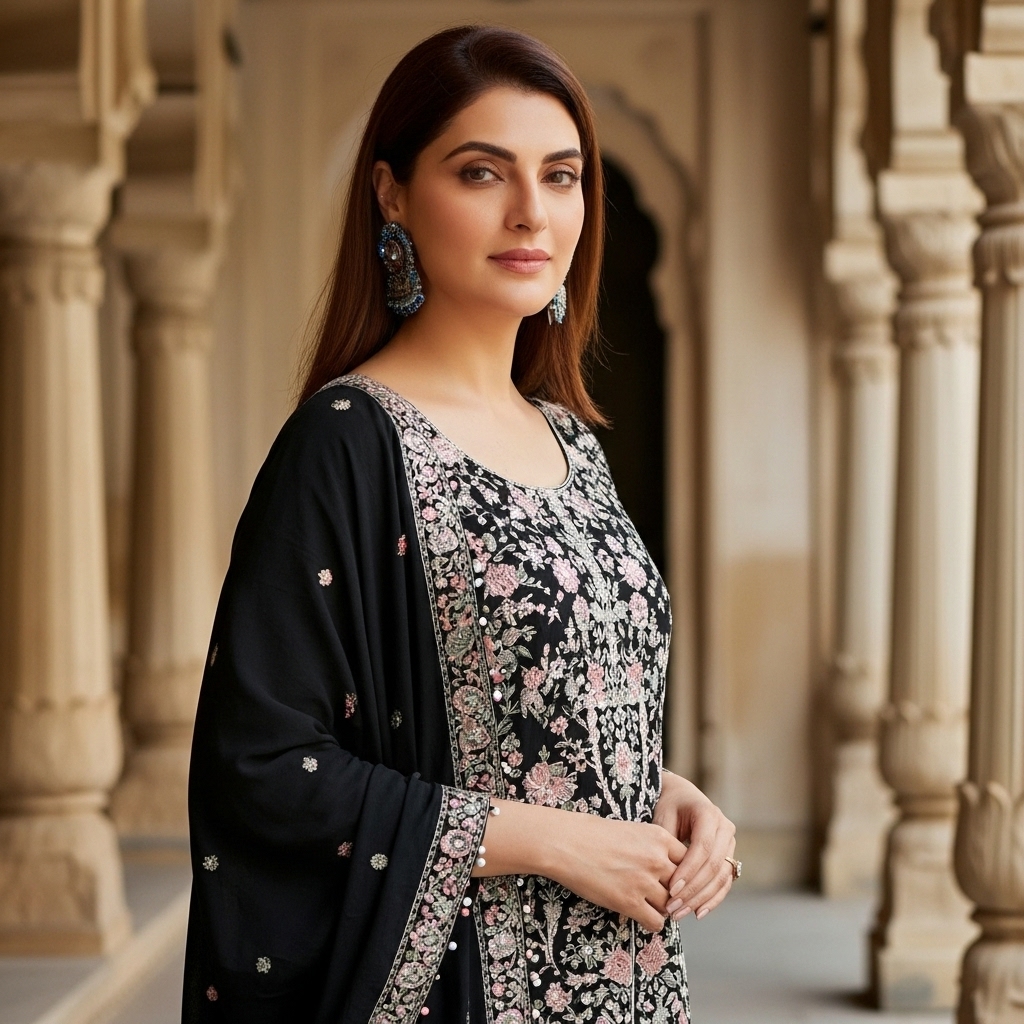 Black Georgette Embroidered Gharara Suit - Image 3