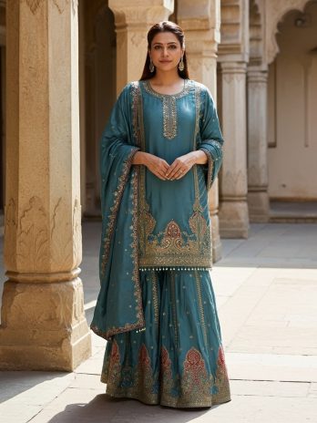 Teal Blue Embroidered Sharara Suit