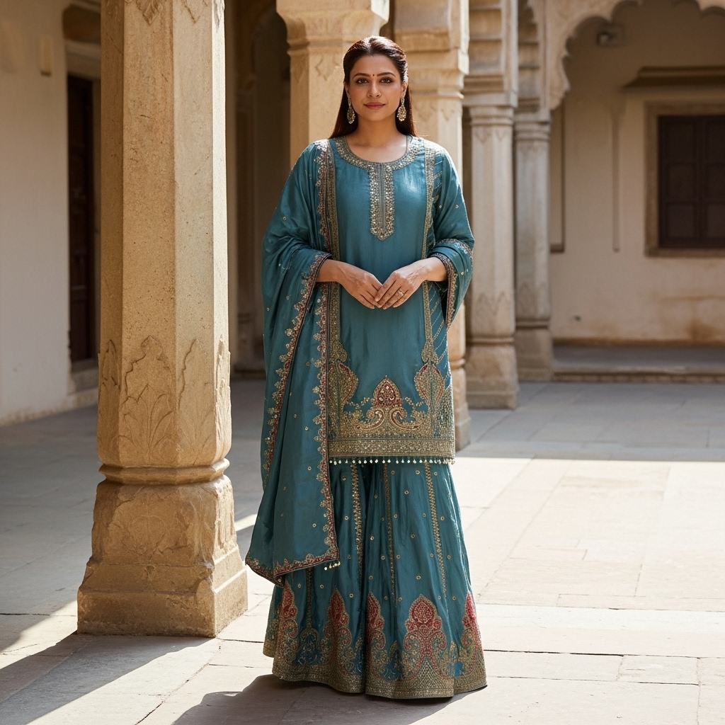 Teal Blue Embroidered Sharara Suit