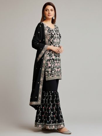 Black Georgette Embroidered Gharara Suit