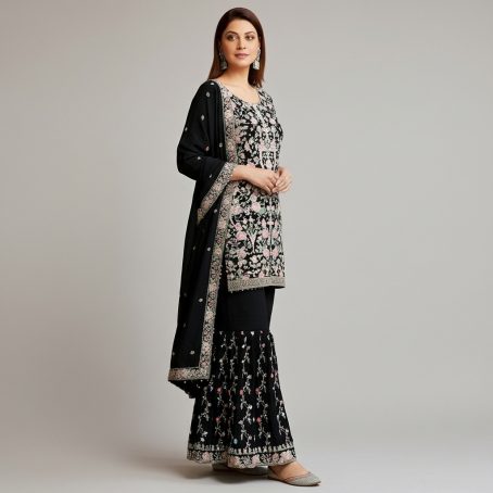 Black Georgette Embroidered Gharara Suit - Image 2