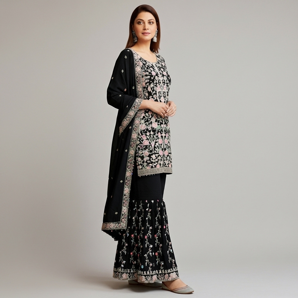Black Georgette Embroidered Gharara Suit - Image 2