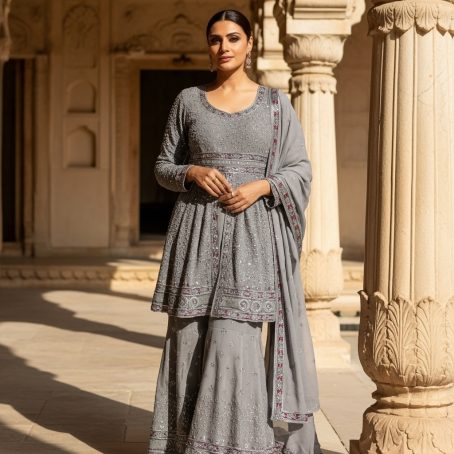 Silver Grey Embroidered Sharara Suit - Image 3