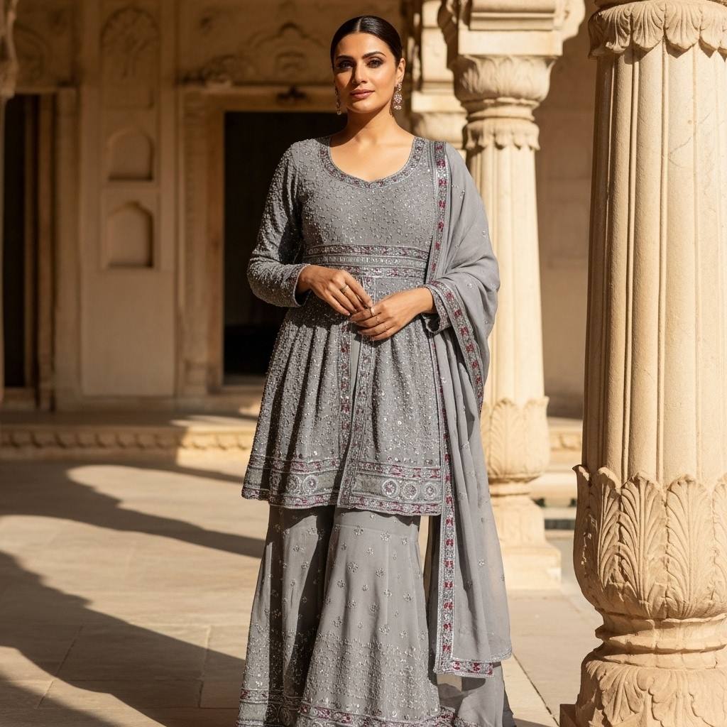 Silver Grey Embroidered Sharara Suit - Image 3