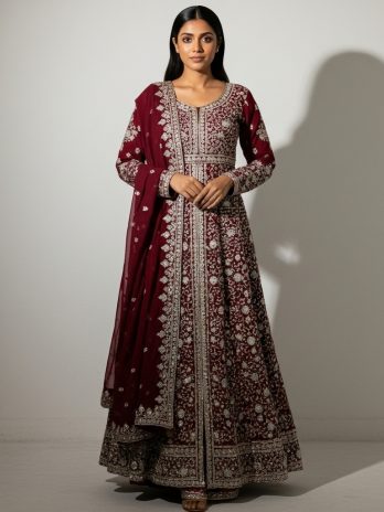 Maroon Georgette Embroidered Gown Suit