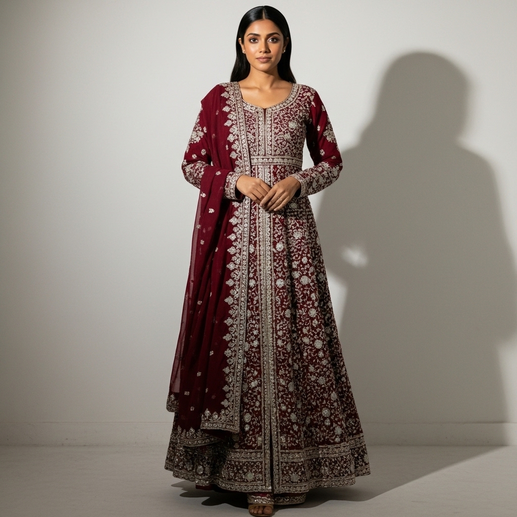 Maroon Georgette Embroidered Gown Suit