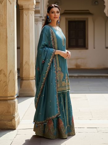 Teal Blue Embroidered Sharara Suit