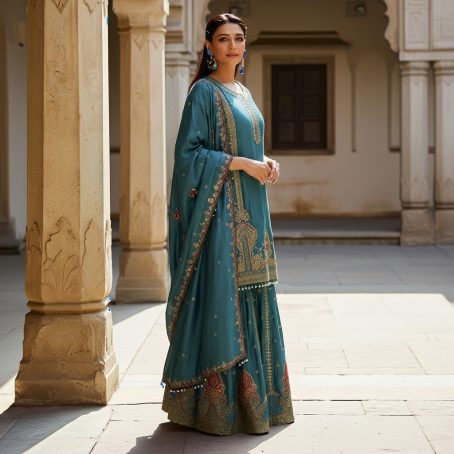 Teal Blue Embroidered Sharara Suit - Image 2