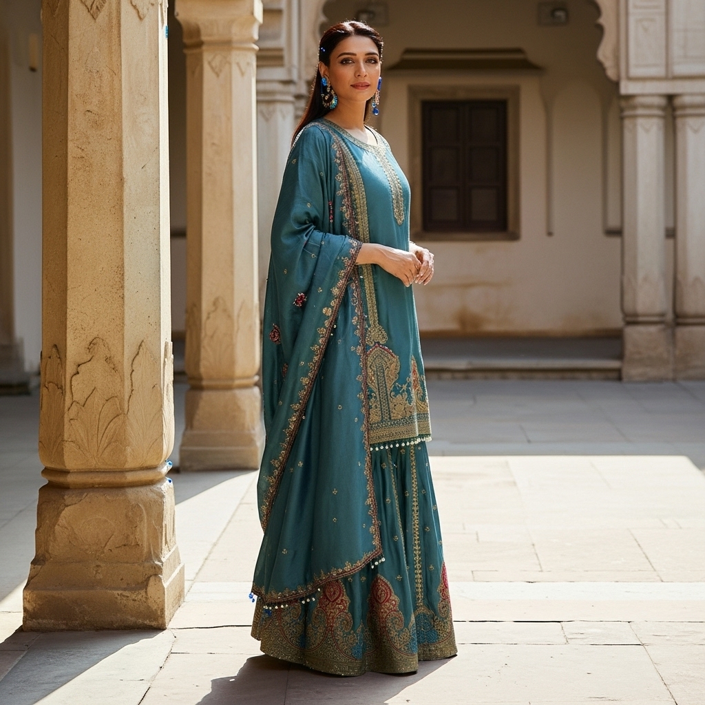 Teal Blue Embroidered Sharara Suit - Image 2