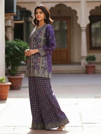 Deep Purple Printed & Embroidered Sharara Suit