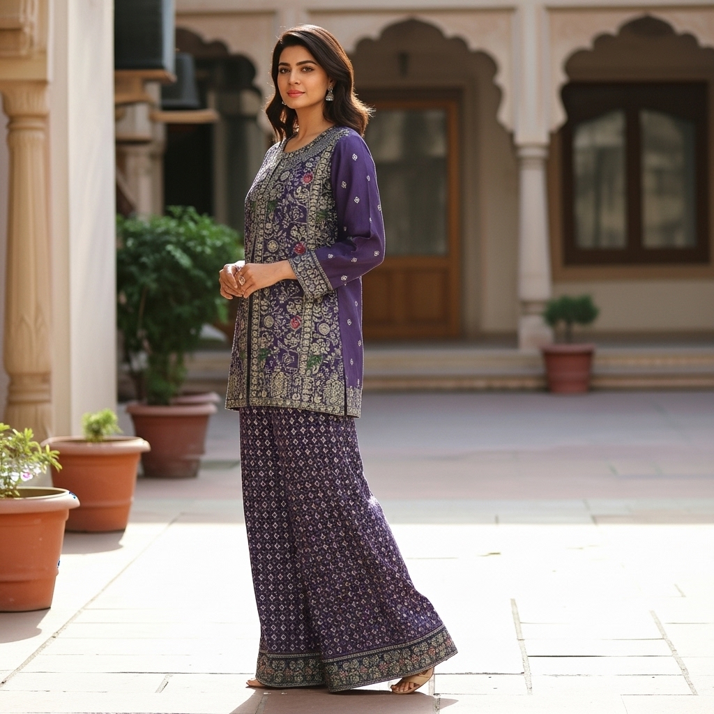 Deep Purple Printed & Embroidered Sharara Suit - Image 2