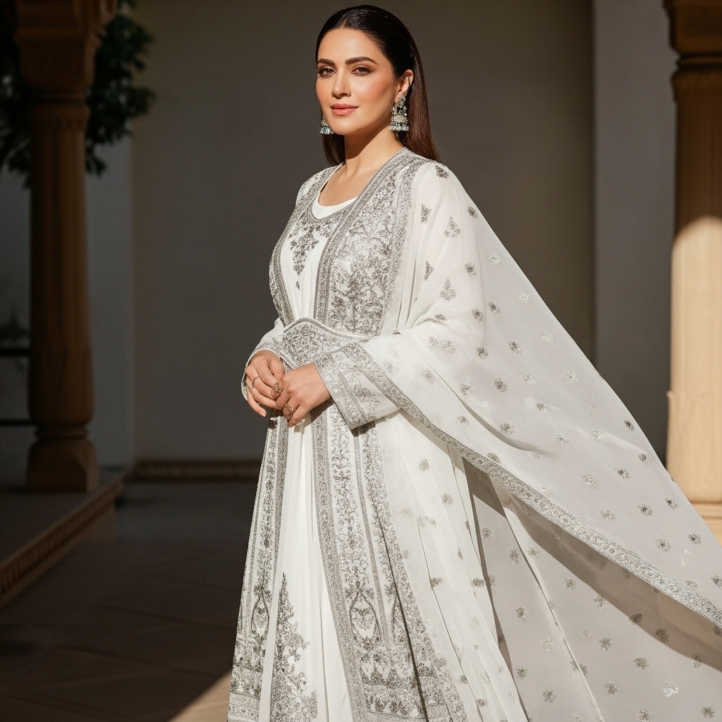 White Silk Embroidered Gown - Image 2