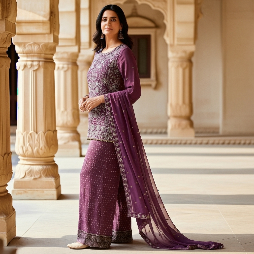 Plum Purple Embroidered Sharara Suit with Dupatta - Image 3