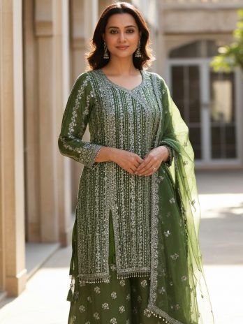 Olive Green Georgette Embroidered Sharara Suit