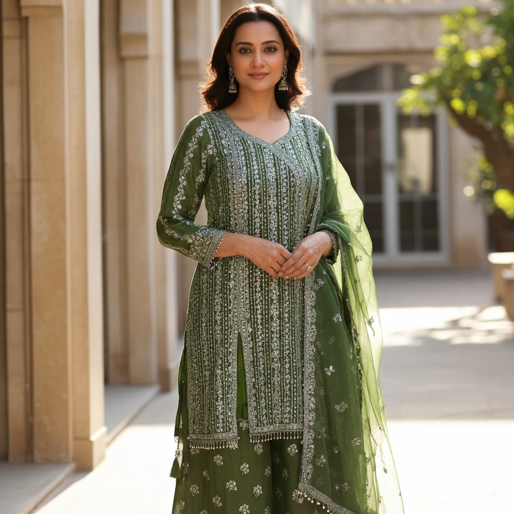 Olive Green Georgette Embroidered Sharara Suit