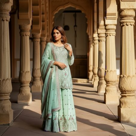 Mint Green Net Embroidered Sharara Suit - Image 3