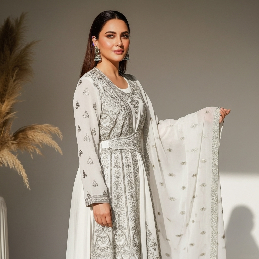 White Silk Embroidered Gown - Image 4