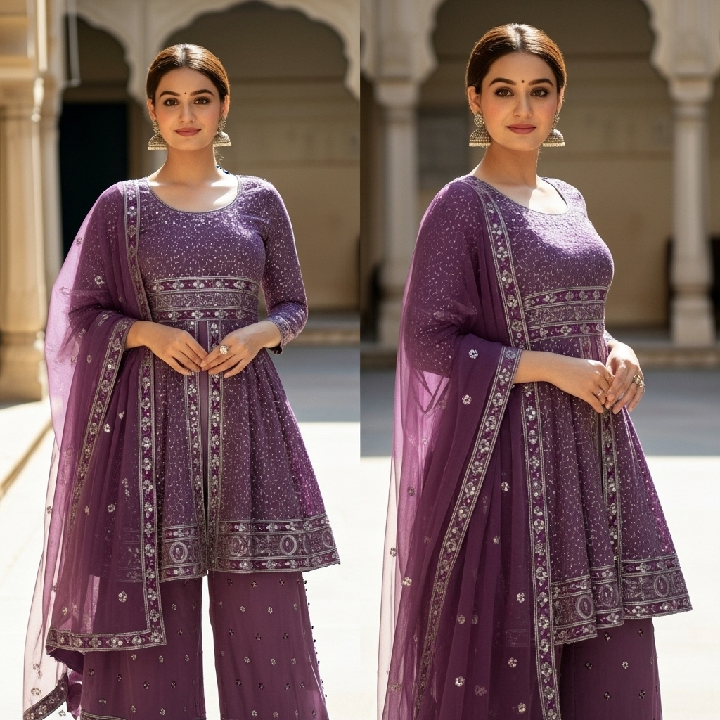 Lavender Georgette Embroidered Sharara Suit - Image 3