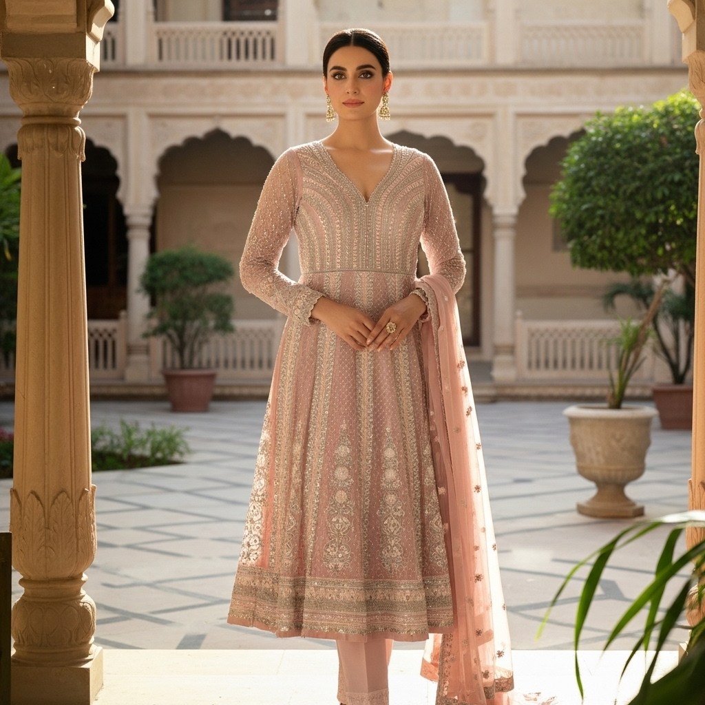 Blush Pink Net Embroidered Anarkali Suit