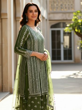 Olive Green Georgette Embroidered Sharara Suit