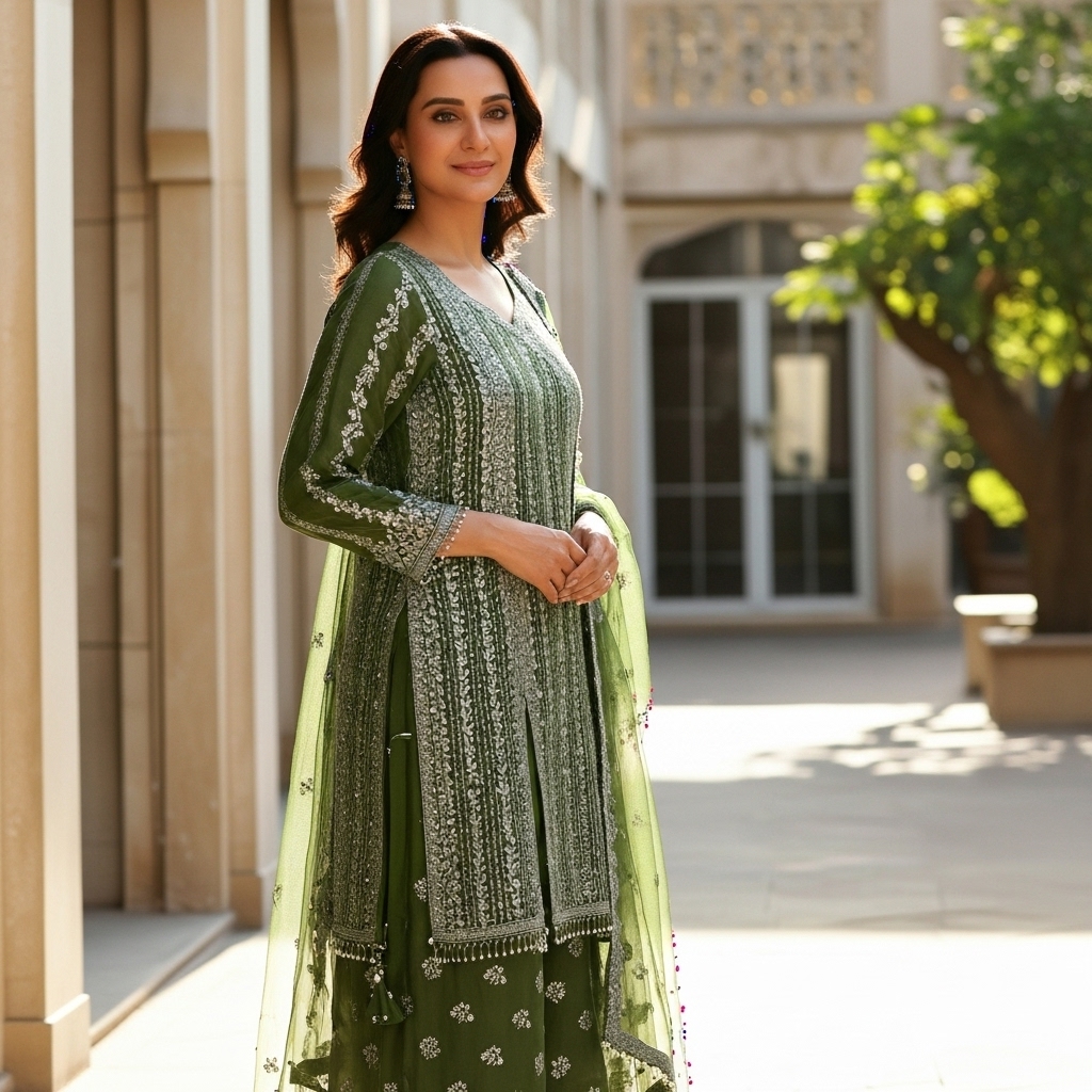 Olive Green Georgette Embroidered Sharara Suit - Image 2