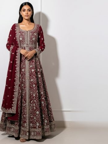 Maroon Georgette Embroidered Gown Suit