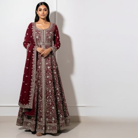 Maroon Georgette Embroidered Gown Suit - Image 2