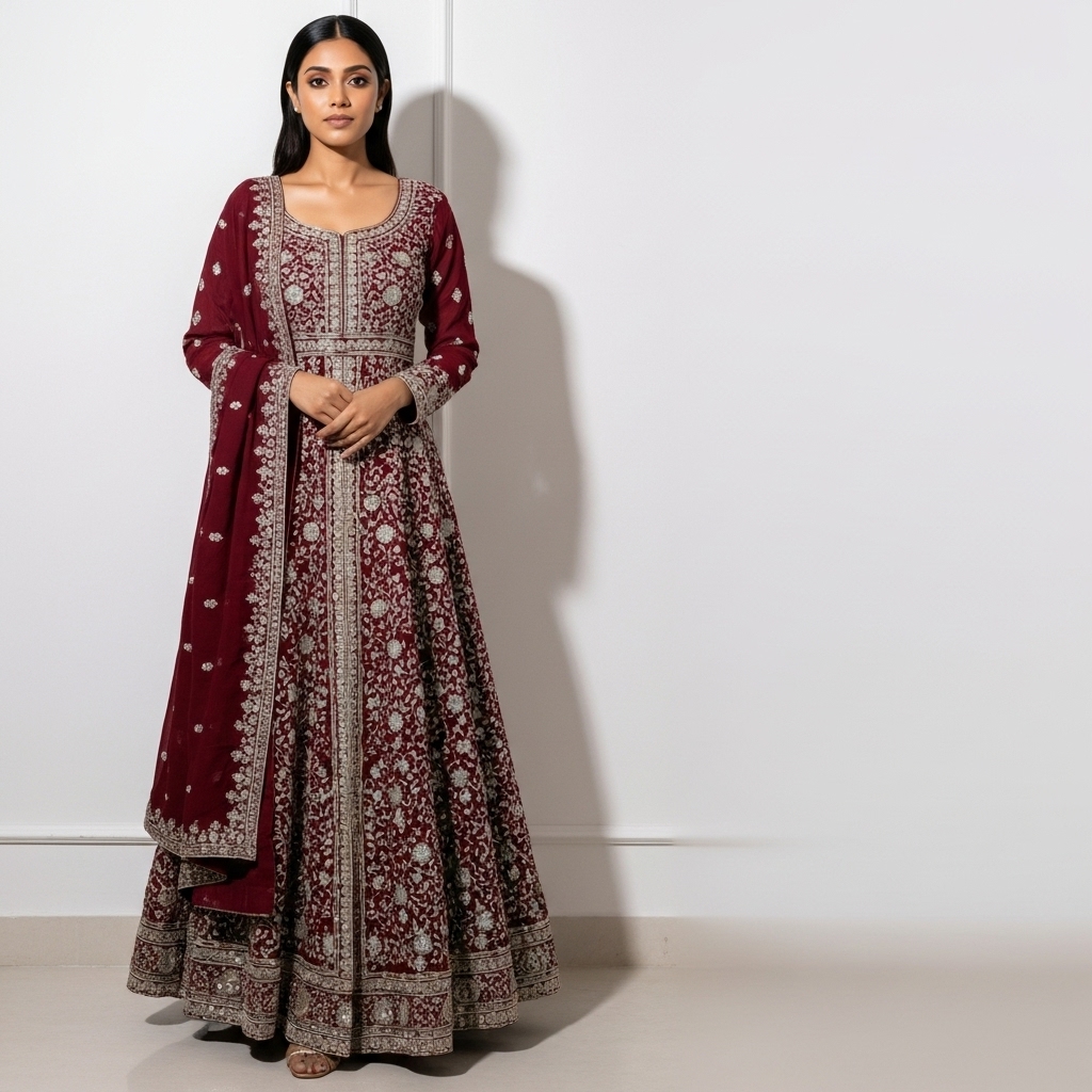 Maroon Georgette Embroidered Gown Suit - Image 2