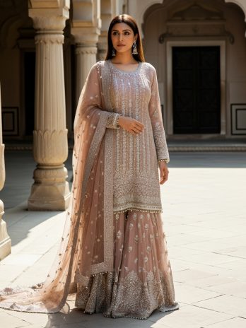 Dusty Pink Net Embroidered Sharara Suit
