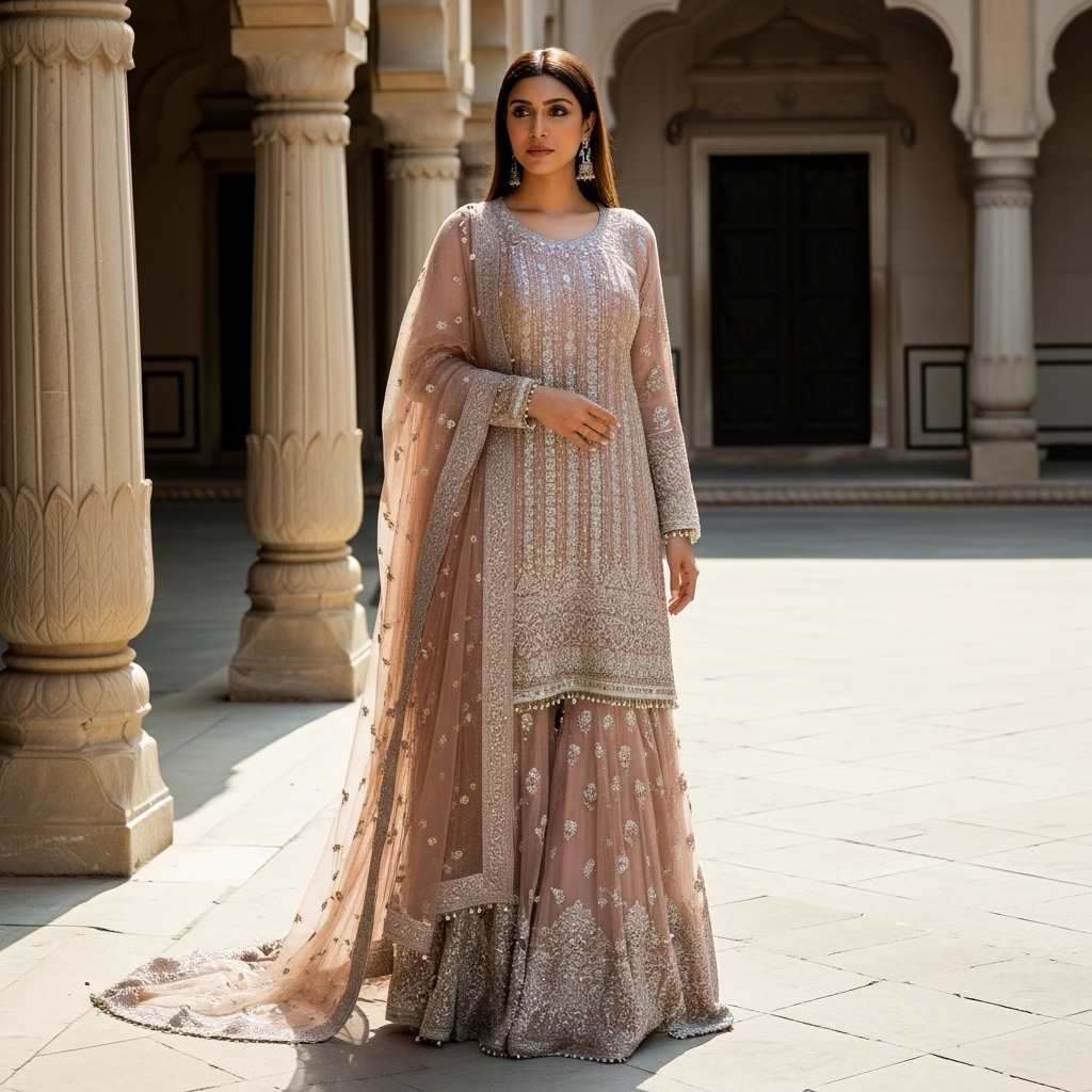 Dusty Pink Net Embroidered Sharara Suit