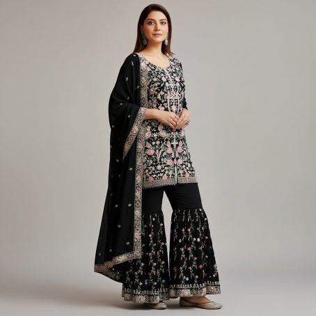 Black Georgette Embroidered Gharara Suit - Image 4