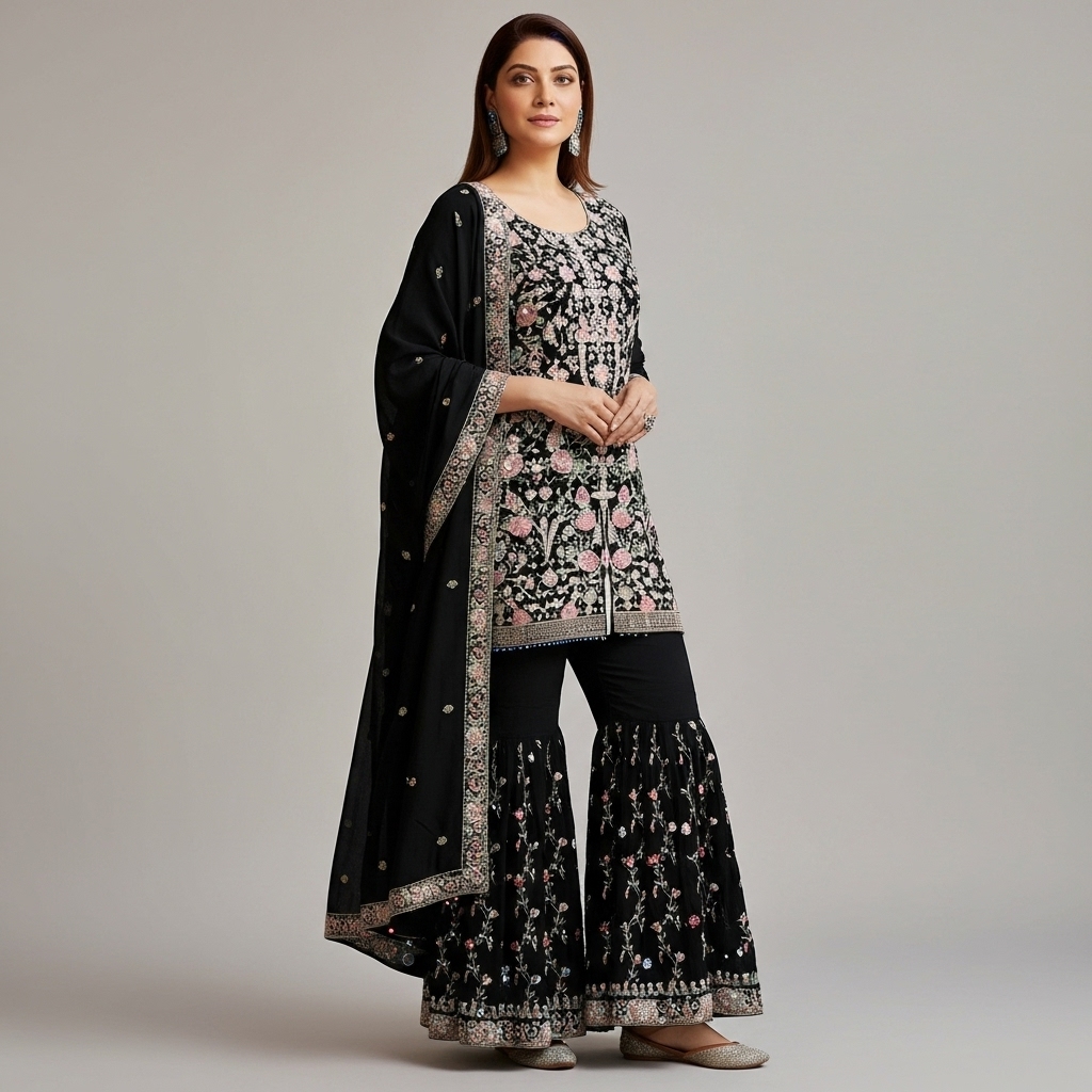 Black Georgette Embroidered Gharara Suit - Image 4
