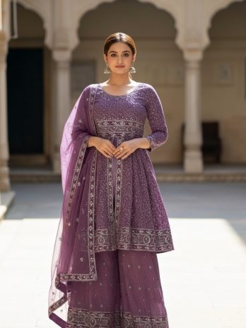 Lavender Georgette Embroidered Sharara Suit