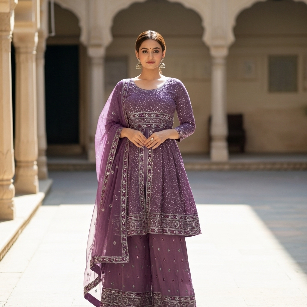 Lavender Georgette Embroidered Sharara Suit